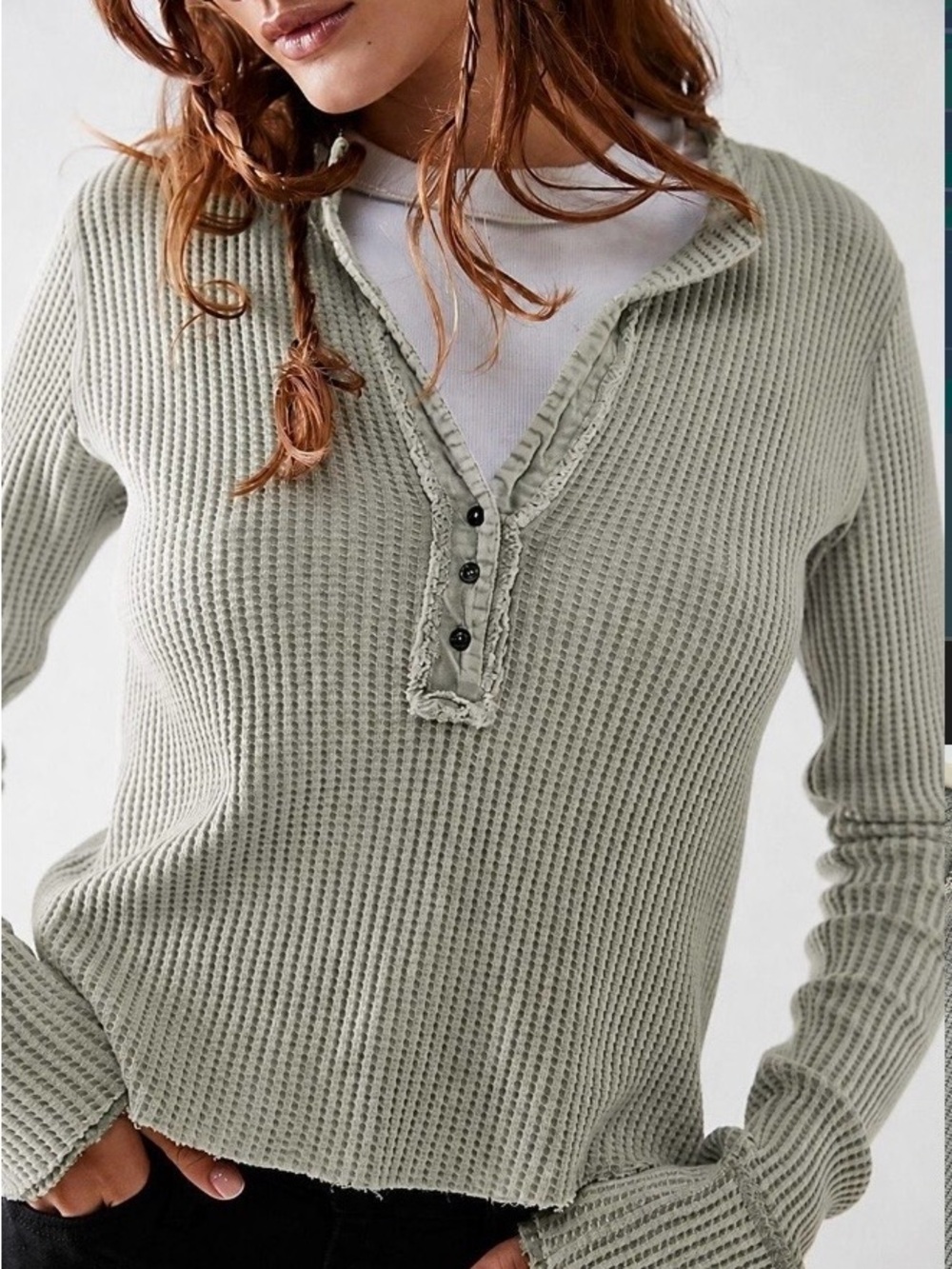 Free people colt Waffle Knit Henley Long-Sleeve Sweater in Sage Green
